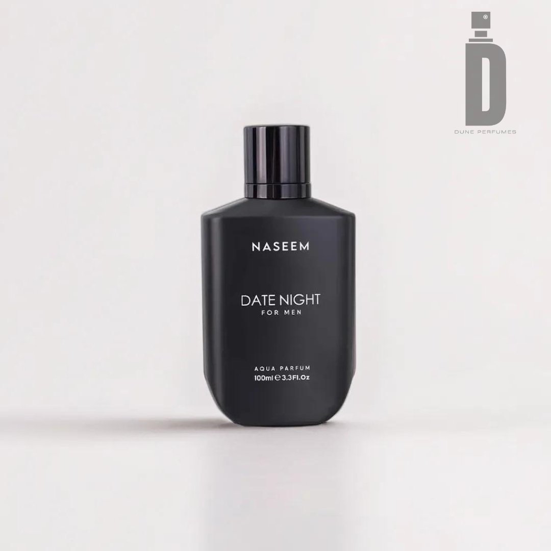 Against a plain white background, a 100ml black bottle of "Date Night For Men Aqua Parfum" by Naseem Perfumes (Alcohol-Free) showcases its sleek design with a black cap, offering a sophisticated olfactory experience. The Dune Perfumes logo is visible in the top right corner.