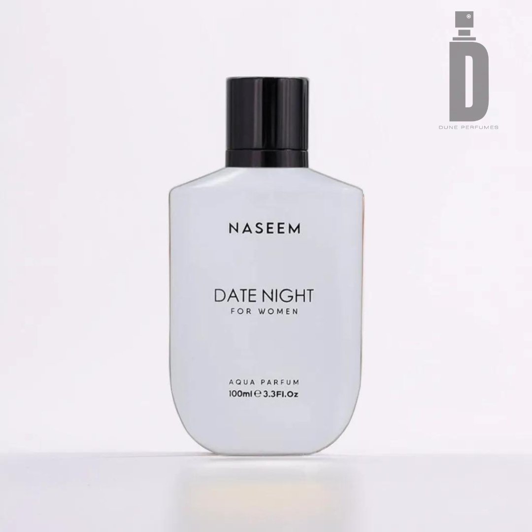 A white perfume bottle with a black cap labeled "Date Night For Women 100ml Aqua Parfum - Naseem (alcohol-free)." This romantic fragrance by Naseem Perfumes (Alcohol-Free) contains 100ml (3.3 fl. oz.) of alcohol-free Aqua Parfum. The image has a light gray background with the logo "Dune Perfumes" in the top right corner.
