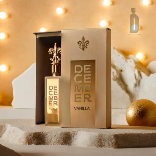 A bottle of "December Vanilla 85ml EDP - Paris Corner" exudes timeless elegance as it sits partially inside its golden box, with DECEMBER and VANILLA prominently displayed in bold letters. The background features warm, glowing lights and a gold sphere, creating a festive, luxurious ambiance. The "ID" logo is positioned in the top right corner.