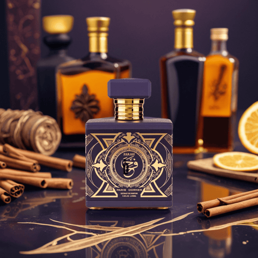 The Farah 100ml EDP by Paris Corner stands on a reflective surface amid cinnamon sticks, orange slices, and ornate bottles, its gold and purple design capturing an exotic, elegant ambiance against a dark background.