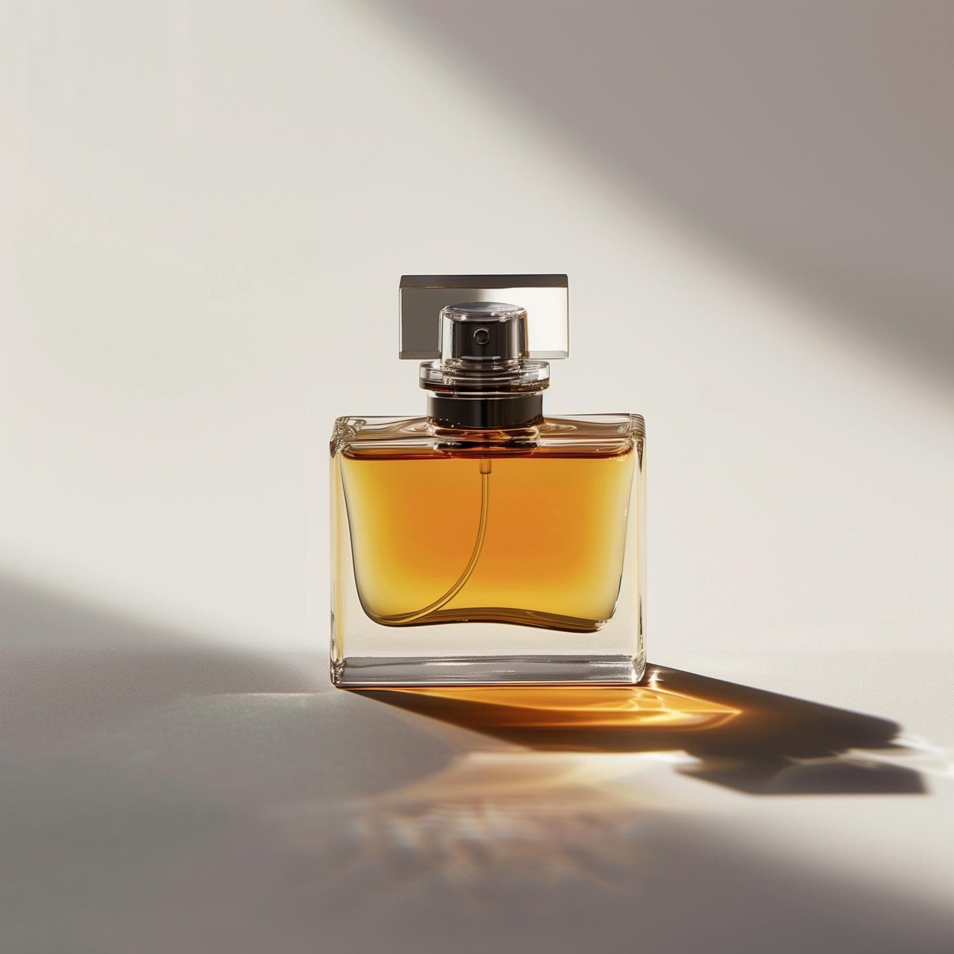 A square glass bottle of Dune Perfumes' Example product, filled with amber liquid, sits on a light surface. Soft, angled light casts highlights and reflections on the bottle as it creates a shadow.