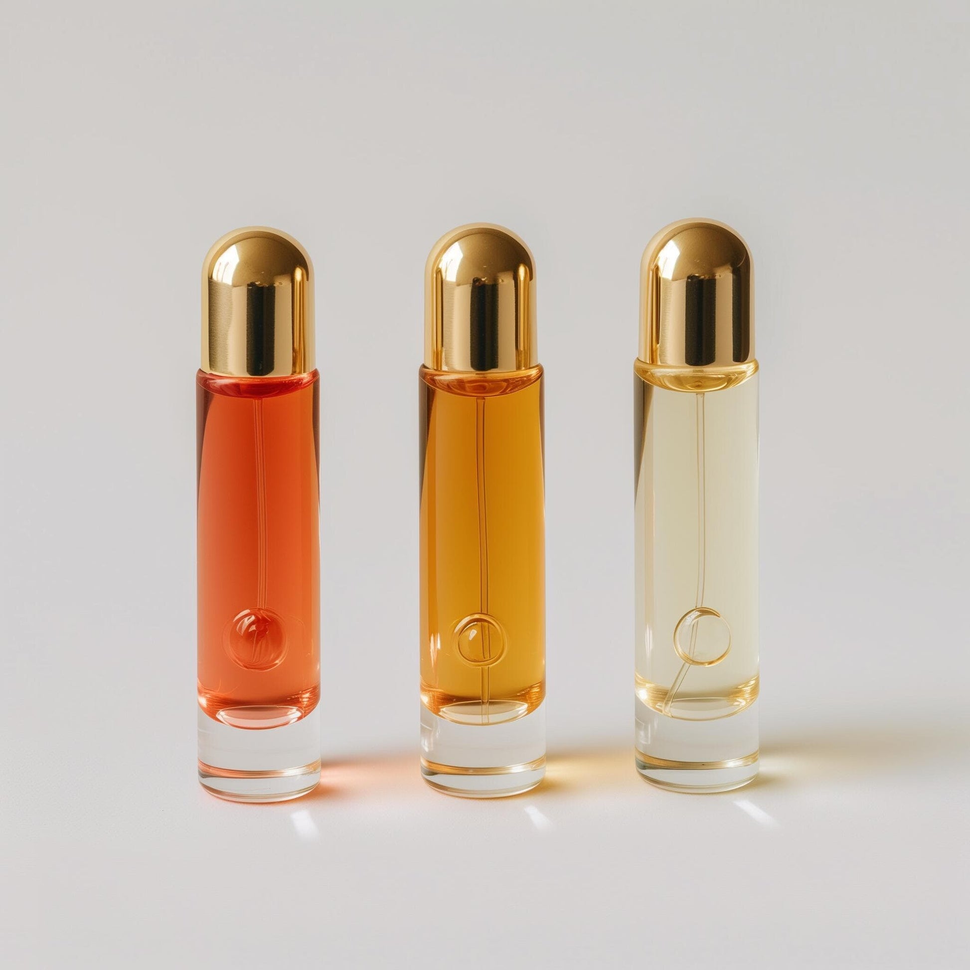 Three elegant bottles of Example product by Dune Perfumes, with gold caps and red, amber, and clear liquid, are arranged in a row on a light background.