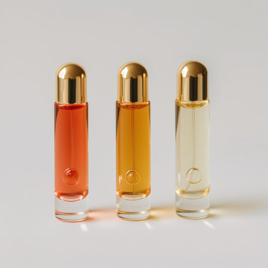 Three elegant bottles of Example product by Dune Perfumes, with gold caps and red, amber, and clear liquid, are arranged in a row on a light background.