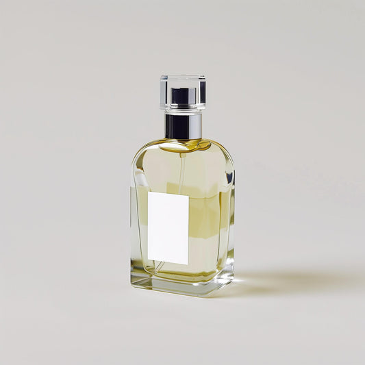 A clear glass bottle of "Example product" by Dune Perfumes, with a shiny silver cap and light yellow liquid, stands upright on a plain light background. A blank white label is displayed on the front of the bottle.