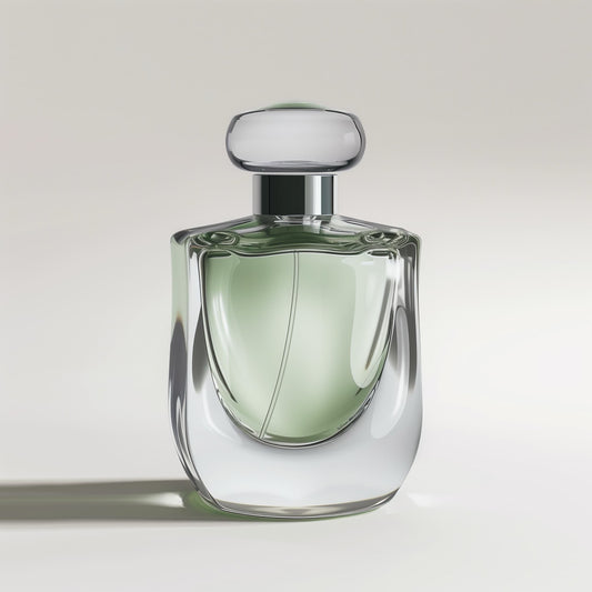 The Example product by Dune Perfumes is a clear glass bottle with light green liquid, an elegant modern design, and a rounded cap, displayed against a soft neutral background.