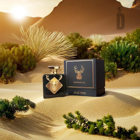 The "Imperial 100ml EDP - Fragrance World" perfume bottle, adorned with an intricate deer head design on the front and accompanied by a matching box, exudes timeless sophistication against a desert backdrop of sand dunes, green shrubs, and a setting sun.