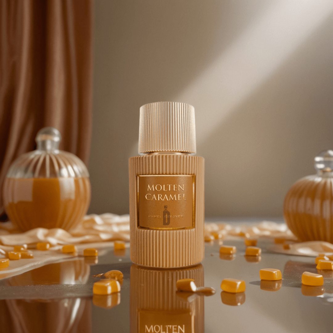A reflective surface holds a bottle of Molten Caramel 100ml EDP by Paris Corner, framed by caramel candies. Draped fabric and caramel-hued decorative bottles in the background add warmth and elegance.
