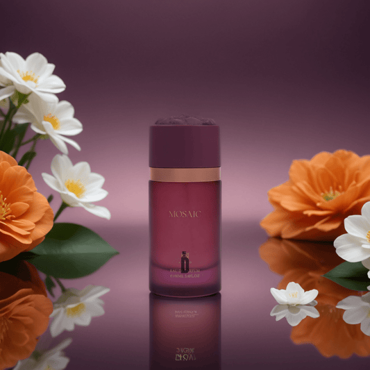 The Mosaic 100ml EDP by Ahmed Al Maghribi stands on a reflective surface amid white and orange flowers, exuding floral elegance with its purple bottle against a gradient purple background.