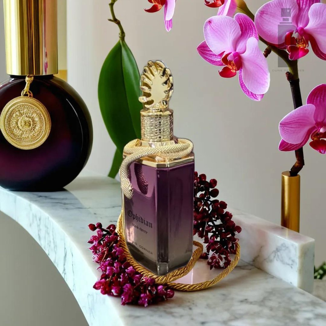 A bottle of Obsidian perfume placed on a marble shelf, surrounded by purple flowers and greenery. To the left, there's an ornately designed dark bottle with gold accents, holding the seductive fragrance of Ophidian Black Cherry 100ml EDP by Paris Corner. Pink orchid flowers are in the background, adding a touch of elegance.