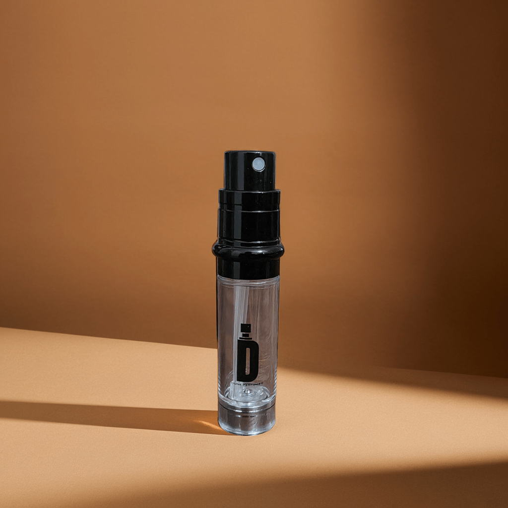 A Dune Perfumes Travel Spray with a clear glass body and black nozzle stands upright on a smooth light brown surface, matching the background. The bottle casts a soft shadow and features a stylized letter "D." Available in 5ml & 10ml sizes, it's an essential for travel.