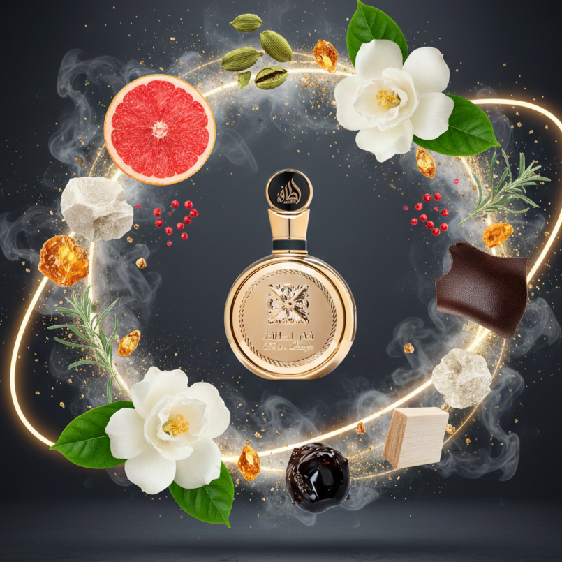 The Fakhar Lattafa Extrait 100ml EDP by Dune Perfumes is a luxurious scent blending grapefruit, white florals, cardamom, wood, blackcurrant, amber, and green leaves—captured in an elegant gold bottle enveloped in golden light and swirling mist.