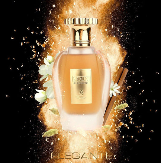 A perfume bottle labeled "Voux Elegante Emir 100ml EDP - Paris Corner" exudes timeless elegance amid a golden, sparkling explosion effect. White flowers and cinnamon sticks are artistically arranged around the base, with botanical elements enhancing the scene against a black background.